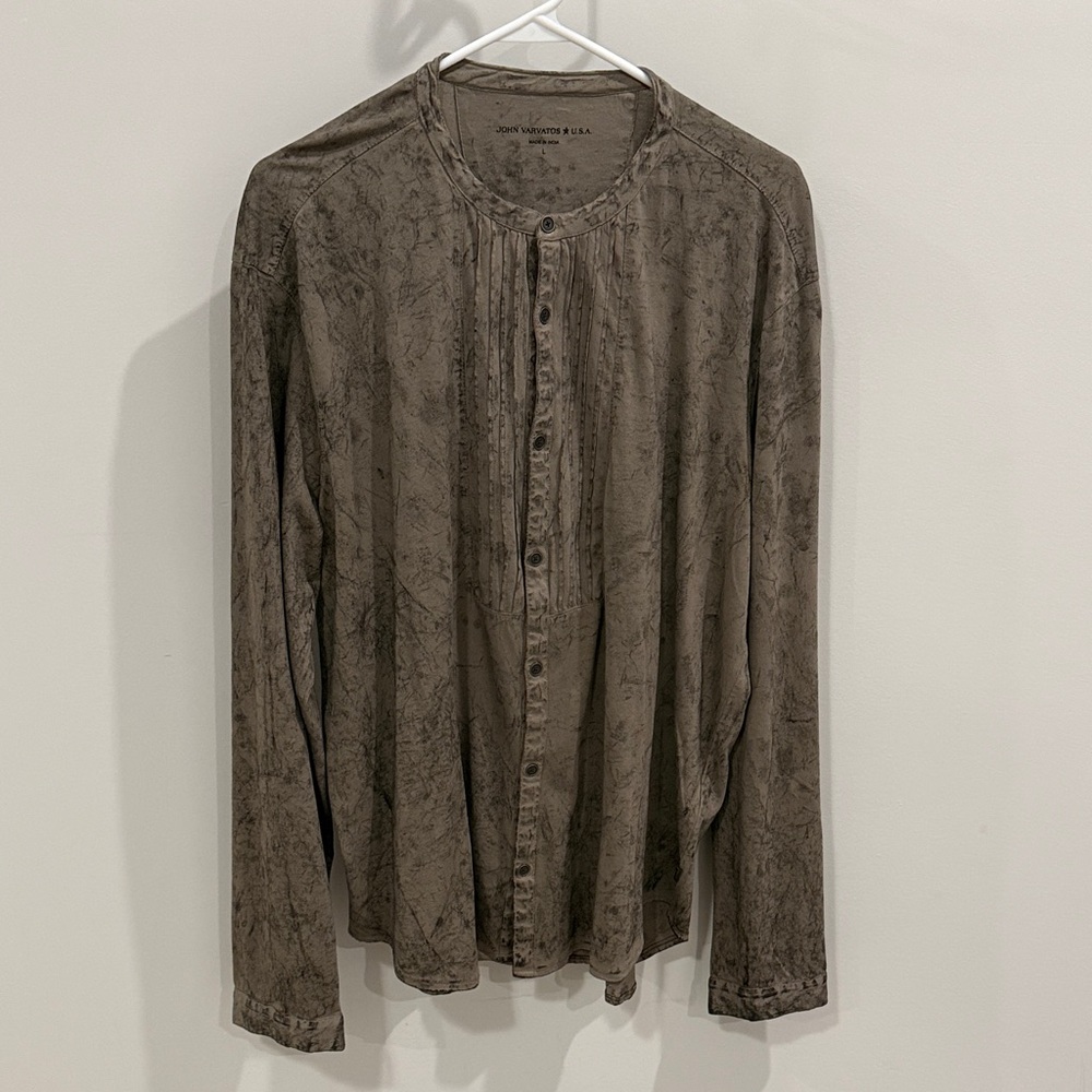 John Varvatos Distressed Brown Button-Down Band Collar Shirt